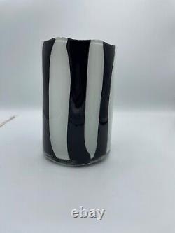 Italian Hand Blown Art Glass Vases, Black & White Vertical Stripes Post Modern