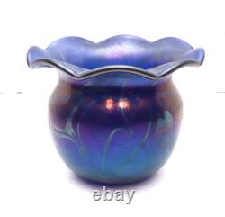 JOHN BARBER Studio Iridescent Cobalt Blue Hanging Hearts Art Glass Vase Ruffled