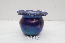 JOHN BARBER Studio Iridescent Cobalt Blue Hanging Hearts Art Glass Vase Ruffled