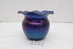 JOHN BARBER Studio Iridescent Cobalt Blue Hanging Hearts Art Glass Vase Ruffled