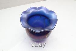JOHN BARBER Studio Iridescent Cobalt Blue Hanging Hearts Art Glass Vase Ruffled