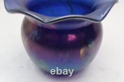 JOHN BARBER Studio Iridescent Cobalt Blue Hanging Hearts Art Glass Vase Ruffled