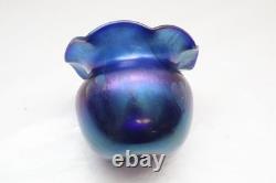 JOHN BARBER Studio Iridescent Cobalt Blue Hanging Hearts Art Glass Vase Ruffled