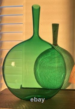 Joe Cariati Studio Hand Blown Flat Bottle Art Glass Vase Green 12 Height