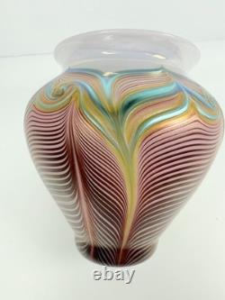 Joseph Morel Zellique SIGNED Iridescent Pulled Feather Art Glass Vase 1982