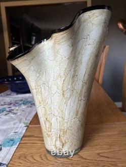Jozefina Krosno XL Hand Blown Crackle Marbled 13 Hankerchief Art Glass Vase VGC