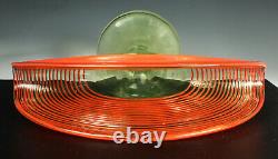 KRALIK CZECH FAN VASE Green URANIUM Glass & Orange Threading 1920s-30s ART DECO