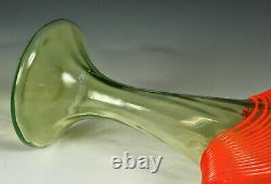KRALIK CZECH FAN VASE Green URANIUM Glass & Orange Threading 1920s-30s ART DECO