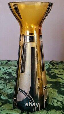 Karl Palda Art Deco Era Czech Amber Black Frosted Etched Gorgeous 1 of 1 Vase