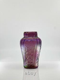 Kralik Blown Glass Vase Honeycomb Panels Iridescent Purple Art Nouveau Czech