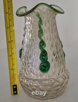 Kralik Martele Art Nouveau Art Glass Vase Applied Green Rigaree Decoration c1900