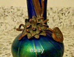 LOETZ Art Nouveau Glass BLUE Iridescent Bohemian Veined Cattail Bronze VASE