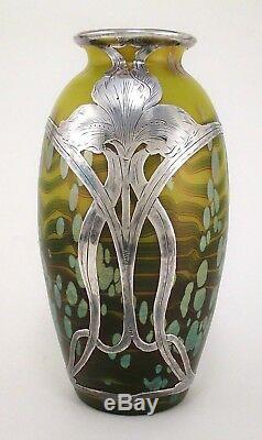LOETZ CYTISUS Metallic Lemon Yellow Art Glass Vase Alvin Sterling Overlay 7 T