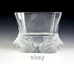 Lalique Art Glass Venise Double Lion Head Vase, canted corners, acid etched