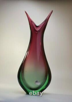 Large 60s Luigi Onesto Italian Murano Art Vaseline Glass Fishtail Vase Sommerso