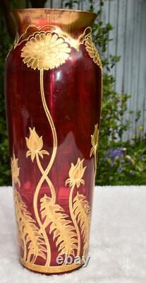 Large Art Nouveau Harrach Bohemian Red Glass Vase Gold Enamel Circa 1900