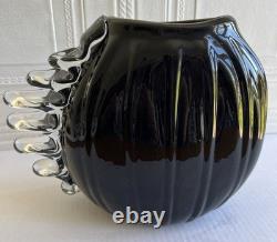 Large Black Studio Glass Hand Blown Vase With Clear Decorative Fins To One Side