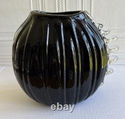 Large Black Studio Glass Hand Blown Vase With Clear Decorative Fins To One Side