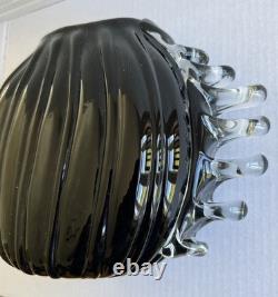 Large Black Studio Glass Hand Blown Vase With Clear Decorative Fins To One Side