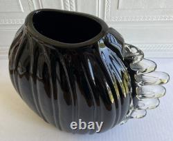Large Black Studio Glass Hand Blown Vase With Clear Decorative Fins To One Side