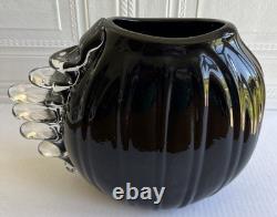 Large Black Studio Glass Hand Blown Vase With Clear Decorative Fins To One Side