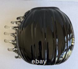 Large Black Studio Glass Hand Blown Vase With Clear Decorative Fins To One Side