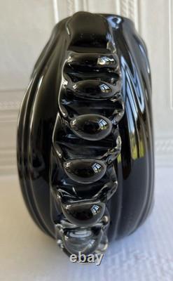 Large Black Studio Glass Hand Blown Vase With Clear Decorative Fins To One Side