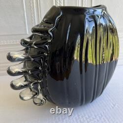 Large Black Studio Glass Hand Blown Vase With Clear Decorative Fins To One Side