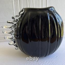 Large Black Studio Glass Hand Blown Vase With Clear Decorative Fins To One Side