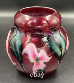 Large Charles Lotton Multi Flora Art Glass Vase Signed Iridescent Red Pink