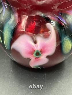 Large Charles Lotton Multi Flora Art Glass Vase Signed Iridescent Red Pink