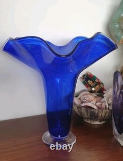Large Handblown Signed Blue Studio Art Glass Vase