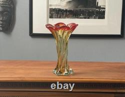 Large Handmade Art Glass Vase Red Amber Green Swirl Heavy Studio Glass 27cm
