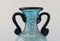 Large Murano vase with handles in turquoise mouth blown art glass, 1960's