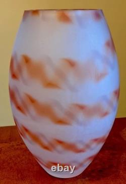Large Thick Frosted Glass Studio Art Blown Glass Vase Orange Stripes 10 VGC