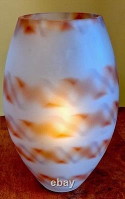 Large Thick Frosted Glass Studio Art Blown Glass Vase Orange Stripes 10 VGC