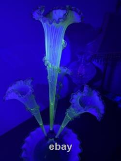 Large Victorian Uranium Vaseline Glass 4 Trumpet Epergne Stourbridge c1890