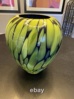 Large Vintage Hand Blown Cobalt Blue & Green/Yellow Art Glass Crystal Vase