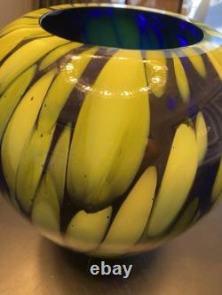Large Vintage Hand Blown Cobalt Blue & Green/Yellow Art Glass Crystal Vase