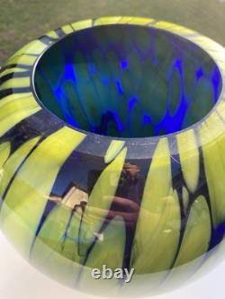 Large Vintage Hand Blown Cobalt Blue & Green/Yellow Art Glass Crystal Vase