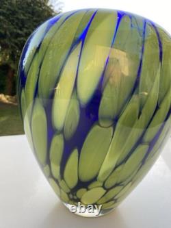 Large Vintage Hand Blown Cobalt Blue & Green/Yellow Art Glass Crystal Vase