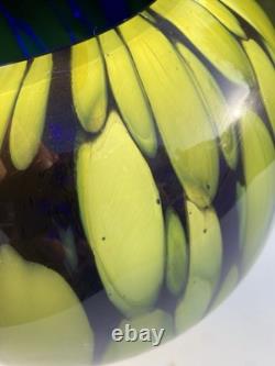 Large Vintage Hand Blown Cobalt Blue & Green/Yellow Art Glass Crystal Vase