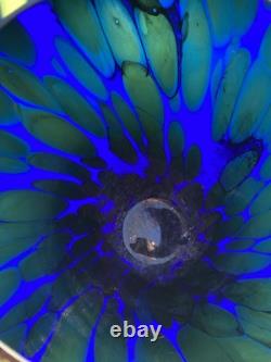 Large Vintage Hand Blown Cobalt Blue & Green/Yellow Art Glass Crystal Vase