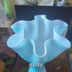 Large Vintage Turquoise Art Glass Handkerchief Vase MCM 17 Tall Fan Vase 1960s