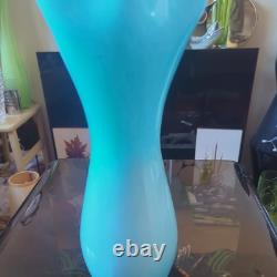 Large Vintage Turquoise Art Glass Handkerchief Vase MCM 17 Tall Fan Vase 1960s