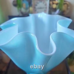 Large Vintage Turquoise Art Glass Handkerchief Vase MCM 17 Tall Fan Vase 1960s