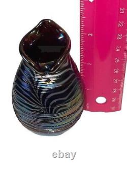 Late Terry Crider 1984 Vintage Art Glass Iridescent Purple Vase Signed Threaded