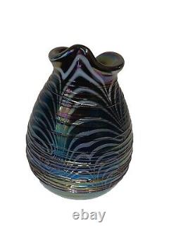 Late Terry Crider 1984 Vintage Art Glass Iridescent Purple Vase Signed Threaded