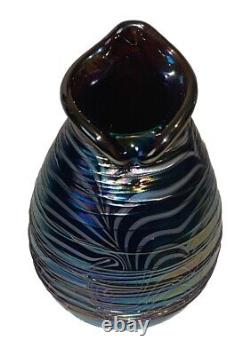 Late Terry Crider 1984 Vintage Art Glass Iridescent Purple Vase Signed Threaded