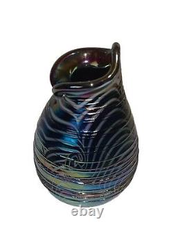 Late Terry Crider 1984 Vintage Art Glass Iridescent Purple Vase Signed Threaded